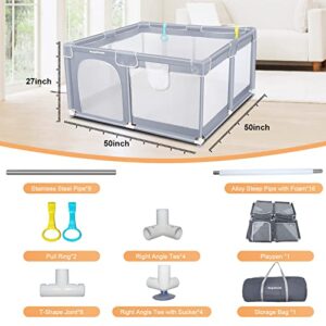 Regaloam Baby Playpen for Babies and Toddlers with Mat, 50 * 50inch Baby Playpen with Mat, Sturdy Safe Baby Play Yard with Soft Breathable Mesh, Play Pins with 2 Pulling Rings and Portable Bag