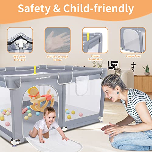 Regaloam Baby Playpen for Babies and Toddlers with Mat, 50 * 50inch Baby Playpen with Mat, Sturdy Safe Baby Play Yard with Soft Breathable Mesh, Play Pins with 2 Pulling Rings and Portable Bag