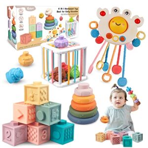 plunack 4 in 1 baby toys 6 to 12-18 months,montessori toys for babies,pull string baby teether, stacking building blocks infant bath toys,color shape bin sensory toys for toddlers 1-3 boys girls gifts