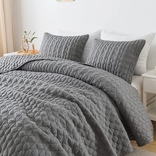 WDCOZY Dark Grey Quilt Queen Size Bedding Sets with Pillow Shams, Lightweight Soft Bedspread Coverlet, Quilted Blanket Thin Comforter Bed Cover, All Season Spring Summer, 3 Pieces, 90x90 inches