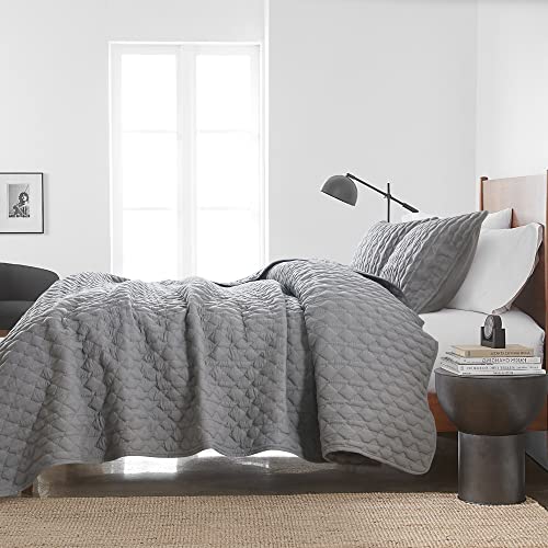 WDCOZY Dark Grey Quilt Queen Size Bedding Sets with Pillow Shams, Lightweight Soft Bedspread Coverlet, Quilted Blanket Thin Comforter Bed Cover, All Season Spring Summer, 3 Pieces, 90x90 inches