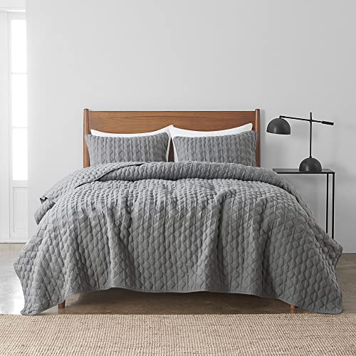 WDCOZY Dark Grey Quilt Queen Size Bedding Sets with Pillow Shams, Lightweight Soft Bedspread Coverlet, Quilted Blanket Thin Comforter Bed Cover, All Season Spring Summer, 3 Pieces, 90x90 inches