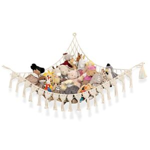 abby baby x-large stuffed animal storage hammock with led lights – 25lb capacity toy net for stuffed animals, squishmallow net for stuffed animals corner, plush hammock for playroom, plush net, beige