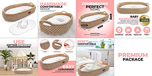 Handmade Baby Changing Basket with a Soft Changing Pad and Waterproof Cover, Cotton Moses Basket, Changing Table Topper for Dresser | Boho Bassinet, Boho Baby Changing Basket,Baby Lounger