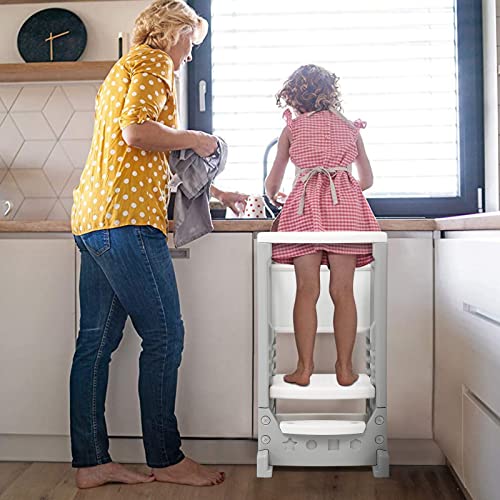 Kids Kitchen Step Stool with Whiteboard, Toddler Tower with 4 Adjustable Heights & Safety Rail, Learning Tower Toddler Step Stool Helper for Bathroom Sink Kitchen Counter, 1-6 Year Old Boy Girl Child