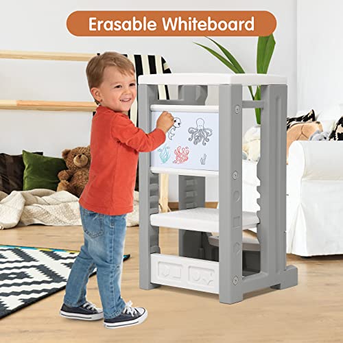 Kids Kitchen Step Stool with Whiteboard, Toddler Tower with 4 Adjustable Heights & Safety Rail, Learning Tower Toddler Step Stool Helper for Bathroom Sink Kitchen Counter, 1-6 Year Old Boy Girl Child