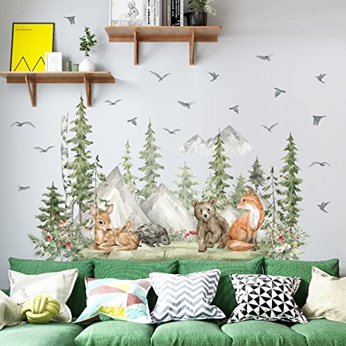 Amaonm 4 Sheet of 12x36 inch Giant Mountain Forest Tree Wall Decal Woodland Deer Bear Fox Birds Wall Stickers 3D DIY Peel and Stick Jungle Wild Animal Pine Wall Decor for Kids Boys Bedroom Playroom Living Room Classroom Decoration (Pine)