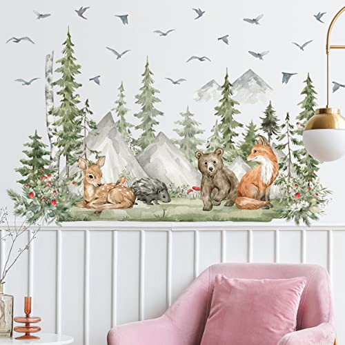 Amaonm 4 Sheet of 12x36 inch Giant Mountain Forest Tree Wall Decal Woodland Deer Bear Fox Birds Wall Stickers 3D DIY Peel and Stick Jungle Wild Animal Pine Wall Decor for Kids Boys Bedroom Playroom Living Room Classroom Decoration (Pine)