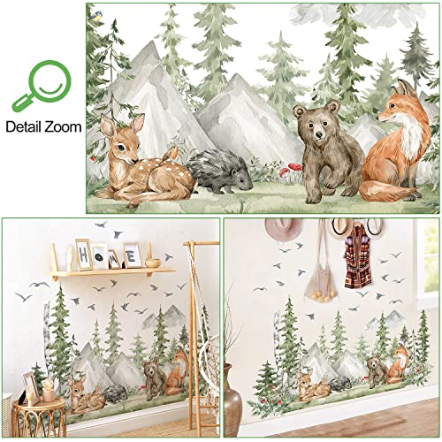 Amaonm 4 Sheet of 12x36 inch Giant Mountain Forest Tree Wall Decal Woodland Deer Bear Fox Birds Wall Stickers 3D DIY Peel and Stick Jungle Wild Animal Pine Wall Decor for Kids Boys Bedroom Playroom Living Room Classroom Decoration (Pine)