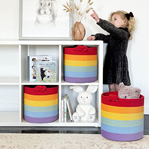 Goodpick Rainbow Rope Baskets, 11 x 11 Cube Storage Bins for Organizing, Nursery Baby Toy Basket for Play Room, Classroom, Round Storage Basket 3 Packs