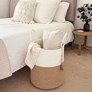 CherryNow Wicker Laundry Basket Tall Woven Hamper, Blanket Storage Basket for Living Room, Entryway, Toy Basket for Nursery, Decorative Clothes Hamper for Bedroom, White & Jute, 51L, 15 x 17.7 inches