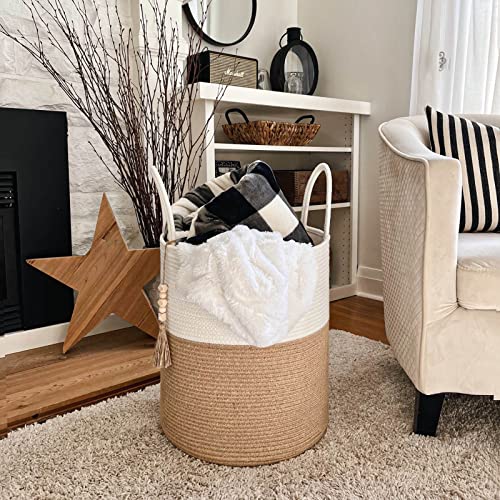 CherryNow Wicker Laundry Basket Tall Woven Hamper, Blanket Storage Basket for Living Room, Entryway, Toy Basket for Nursery, Decorative Clothes Hamper for Bedroom, White & Jute, 51L, 15 x 17.7 inches