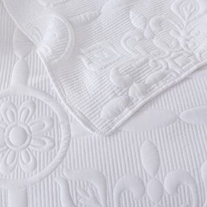 Damask Quilt Queen Size Bedding Sets with Pillow Shams, Boho Lightweight Soft Bedspread Coverlet, White Quilted Blanket Thin Comforter Bed Cover for All Season Spring Summer, 3 Pieces, 90x90 inches