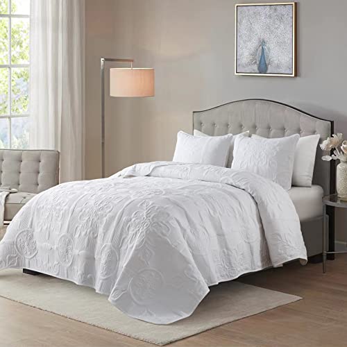 Damask Quilt Queen Size Bedding Sets with Pillow Shams, Boho Lightweight Soft Bedspread Coverlet, White Quilted Blanket Thin Comforter Bed Cover for All Season Spring Summer, 3 Pieces, 90x90 inches