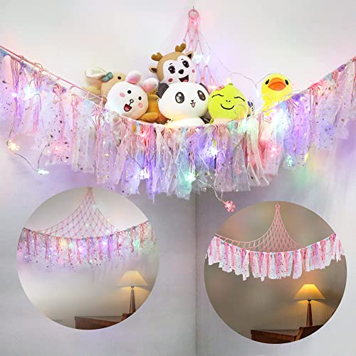 Stuffed Animal Net or Hammock with LED Light, Toy Hammock Hanging Stuffed Animal Storage Organizer Holder Room Décor with Tassels for Nursery Play Room Kids Bedroom