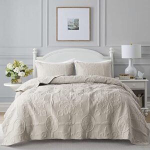 damask quilt king size bedding sets with pillow shams, boho lightweight soft bedspread coverlet, beige quilted blanket thin comforter bed cover for all season spring summer, 3 pieces, 104x90 inches