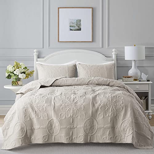 Damask Quilt King Size Bedding Sets with Pillow Shams, Boho Lightweight Soft Bedspread Coverlet, Beige Quilted Blanket Thin Comforter Bed Cover for All Season Spring Summer, 3 Pieces, 104x90 inches