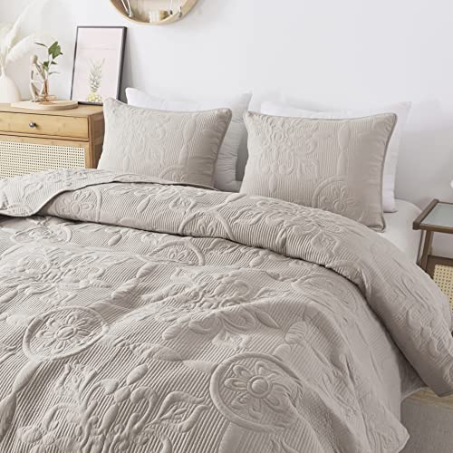 Damask Quilt King Size Bedding Sets with Pillow Shams, Boho Lightweight Soft Bedspread Coverlet, Beige Quilted Blanket Thin Comforter Bed Cover for All Season Spring Summer, 3 Pieces, 104x90 inches