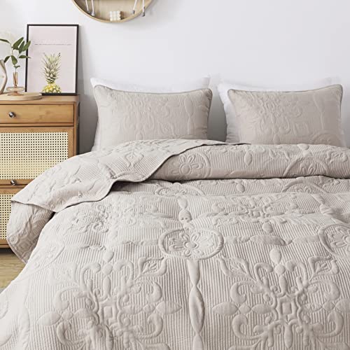 Damask Quilt King Size Bedding Sets with Pillow Shams, Boho Lightweight Soft Bedspread Coverlet, Beige Quilted Blanket Thin Comforter Bed Cover for All Season Spring Summer, 3 Pieces, 104x90 inches