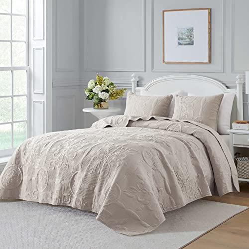 Damask Quilt King Size Bedding Sets with Pillow Shams, Boho Lightweight Soft Bedspread Coverlet, Beige Quilted Blanket Thin Comforter Bed Cover for All Season Spring Summer, 3 Pieces, 104x90 inches