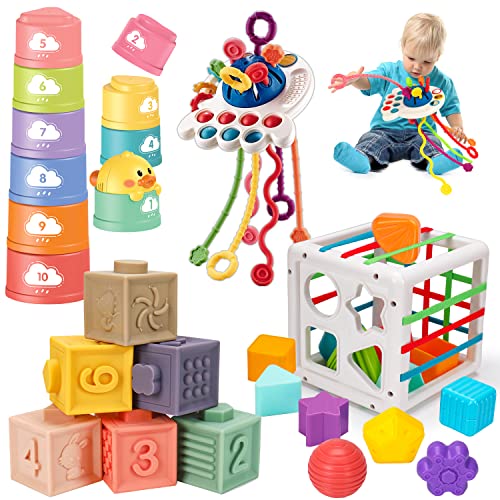 4 In 1 Baby Sensory Toys 6-12-18 Months, Montessori Pull String Infant Teething Toy 6 8 9 10 12 M+ Stacking Building Block Sensory Shape Bin Baby Learning Toys 3-6 Months Toddler Age 1-3 Girl Boy Gift