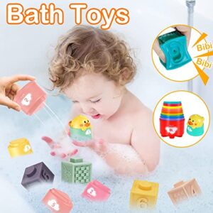 4 In 1 Baby Sensory Toys 6-12-18 Months, Montessori Pull String Infant Teething Toy 6 8 9 10 12 M+ Stacking Building Block Sensory Shape Bin Baby Learning Toys 3-6 Months Toddler Age 1-3 Girl Boy Gift