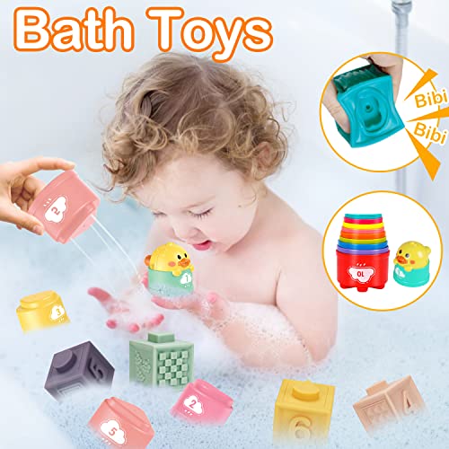 4 In 1 Baby Sensory Toys 6-12-18 Months, Montessori Pull String Infant Teething Toy 6 8 9 10 12 M+ Stacking Building Block Sensory Shape Bin Baby Learning Toys 3-6 Months Toddler Age 1-3 Girl Boy Gift