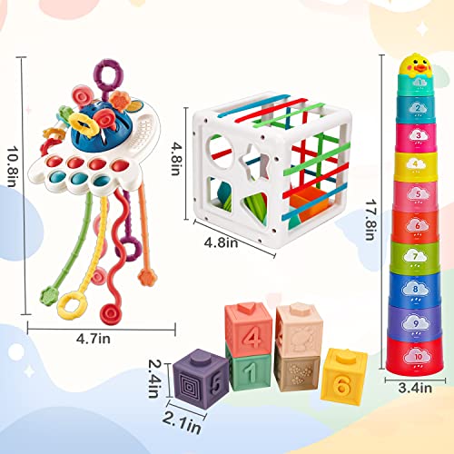 4 In 1 Baby Sensory Toys 6-12-18 Months, Montessori Pull String Infant Teething Toy 6 8 9 10 12 M+ Stacking Building Block Sensory Shape Bin Baby Learning Toys 3-6 Months Toddler Age 1-3 Girl Boy Gift