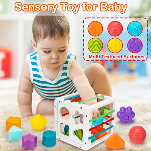 4 In 1 Baby Sensory Toys 6-12-18 Months, Montessori Pull String Infant Teething Toy 6 8 9 10 12 M+ Stacking Building Block Sensory Shape Bin Baby Learning Toys 3-6 Months Toddler Age 1-3 Girl Boy Gift