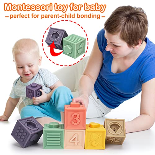 4 In 1 Baby Sensory Toys 6-12-18 Months, Montessori Pull String Infant Teething Toy 6 8 9 10 12 M+ Stacking Building Block Sensory Shape Bin Baby Learning Toys 3-6 Months Toddler Age 1-3 Girl Boy Gift