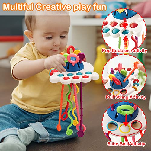 4 In 1 Baby Sensory Toys 6-12-18 Months, Montessori Pull String Infant Teething Toy 6 8 9 10 12 M+ Stacking Building Block Sensory Shape Bin Baby Learning Toys 3-6 Months Toddler Age 1-3 Girl Boy Gift