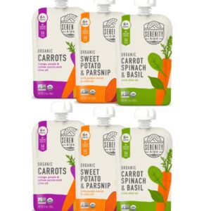 Serenity Kids 6+ Months Certified Organic Baby Food Pouches Veggie Puree | No Sugary Fruits or Added Sugar | Allergen Free | 3.5 Ounce BPA-Free Pouch | Garden Veggie Variety Pack | 6 Count