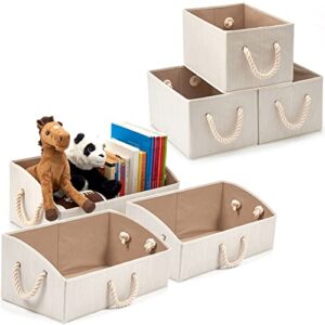 ezoware set of 6 large storage bins foldable fabric organizer boxes with cotton rope handle, collapsible basket for closet, baby toys, diaper - beige