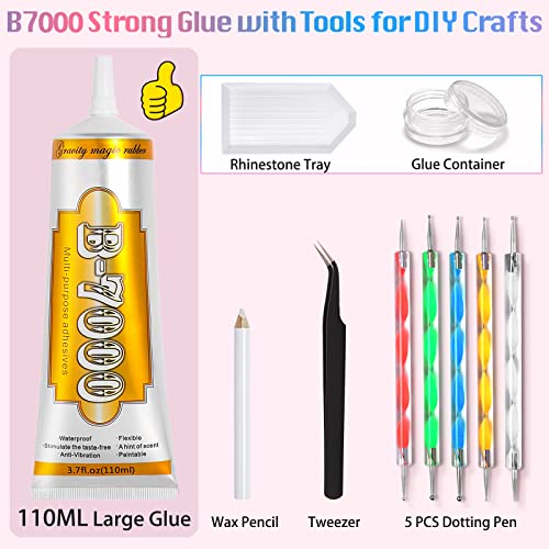 110 ML B7000 Rhinestones Glue for Crafts, 3.7 fl oz B7000 Jewelry Glue with 5 Dotting Pen Tool, Wax Pencil, Tweezer Rhinestones Tray and Glue Container for DIY Craft Jewelry Making Nail Art