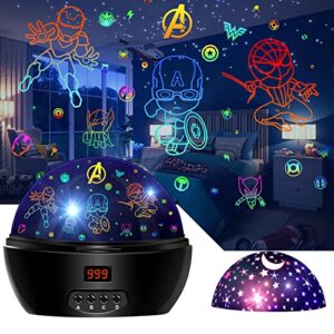 kid light projector superhero toys for boys 5-7 avengers night light projector with timer for kids room, 360 degree rotation toddler nightlights with spiderman figurine lamps and star projection lamp
