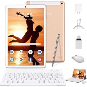 aoyodkg tablet 2023 newest 2 in 1 tablet 10 inch android tablet 4g cellular with 2 sim card slot, 4gb+64gb storage, quad-core, 1920 * 1200 hd display/wifi tablet with keyboard mouse stylus-gold