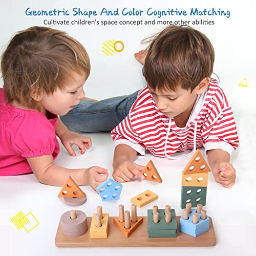 BESTAMTOY Montessori Toys for 1 Year Old |Toddlers Wooden Sorting and Stacking Toys for Baby Boys and Girls -|Shape Sorter and Color Stacker Preschool Kids Wood Gifts