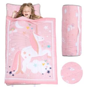 poemuphi toddler nap mat - magical unicorn design with removable pillow and soft blanket, slumber bag for girls' daycare, preschool, travel, and camping
