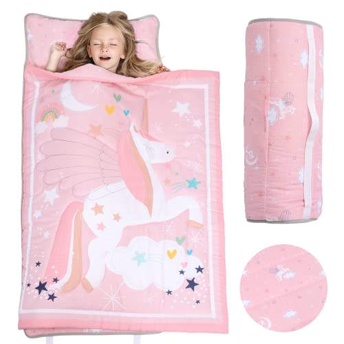 Poemuphi Toddler Nap Mat - Magical Unicorn Design with Removable Pillow and Soft Blanket, Slumber Bag for Girls' Daycare, Preschool, Travel, and Camping