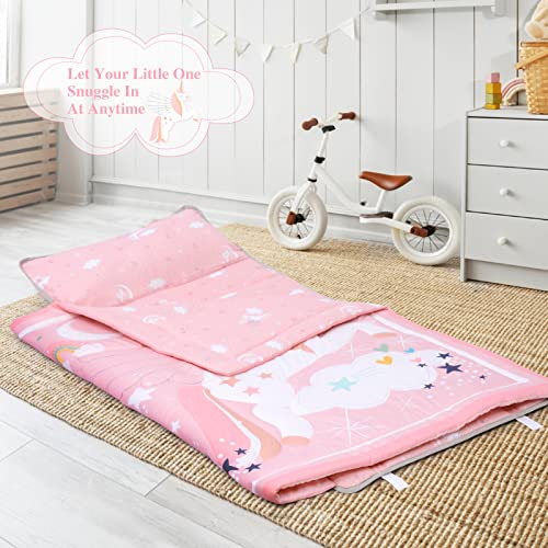 Poemuphi Toddler Nap Mat - Magical Unicorn Design with Removable Pillow and Soft Blanket, Slumber Bag for Girls' Daycare, Preschool, Travel, and Camping