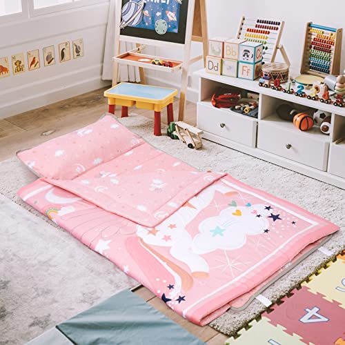 Poemuphi Toddler Nap Mat - Magical Unicorn Design with Removable Pillow and Soft Blanket, Slumber Bag for Girls' Daycare, Preschool, Travel, and Camping