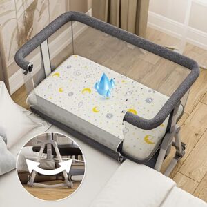 earth&me baby bassinet bedside sleeper with rocking - all mesh portable bedside crib for safe co-sleeping, storage basket and wheels, adjustable height, includes travel bag, mosquito net