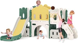 lischwert toddler slide, indoor slide playground set for kids, outdoor slide freestanding playset, 7-in-1 slide with basketball hoop and climber for kids age 1+(yellow/green)