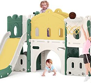 Lischwert Toddler Slide, Indoor Slide Playground Set for Kids, Outdoor Slide Freestanding Playset, 7-in-1 Slide with Basketball Hoop and Climber for Kids Age 1+(Yellow/Green)