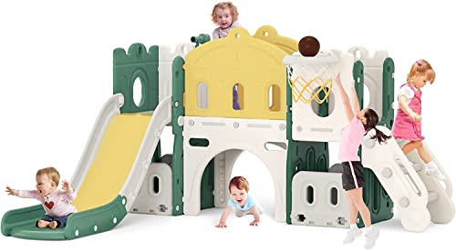 Lischwert Toddler Slide, Indoor Slide Playground Set for Kids, Outdoor Slide Freestanding Playset, 7-in-1 Slide with Basketball Hoop and Climber for Kids Age 1+(Yellow/Green)