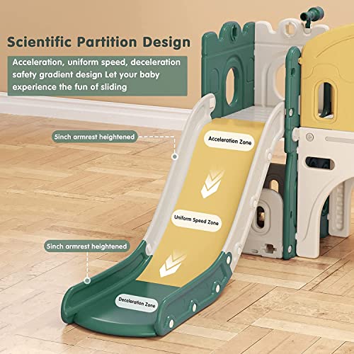 Lischwert Toddler Slide, Indoor Slide Playground Set for Kids, Outdoor Slide Freestanding Playset, 7-in-1 Slide with Basketball Hoop and Climber for Kids Age 1+(Yellow/Green)