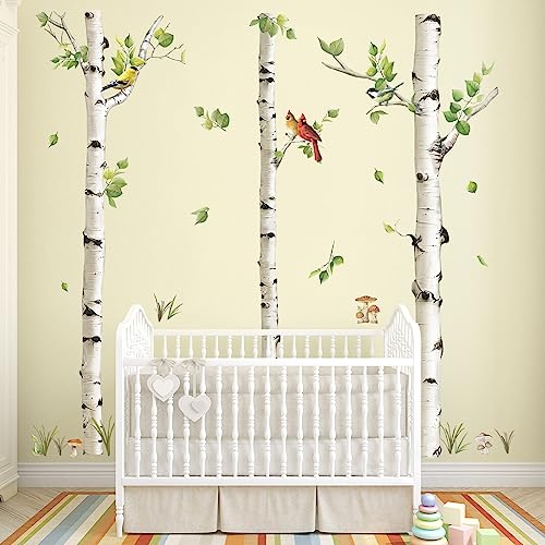 decalmile Large Birch Tree Wall Decals White Tree Forest Birds Wall Stickers Bedroom Living Room Baby Nursery Wall Decor