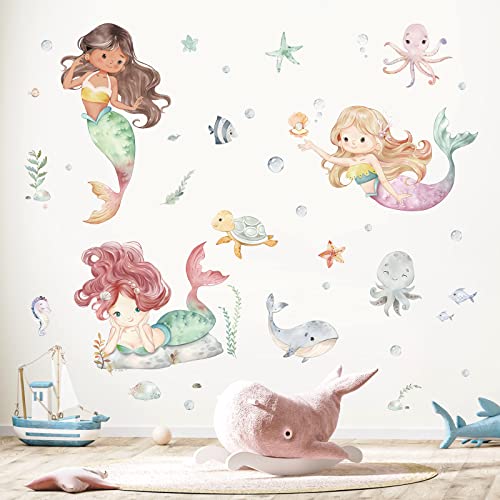 decalmile Under The Sea Mermaid Wall Decals Ocean Fish Whale Turtle Wall Stickers Bathroom Girls Bedroom Baby Nursery Wall Decor