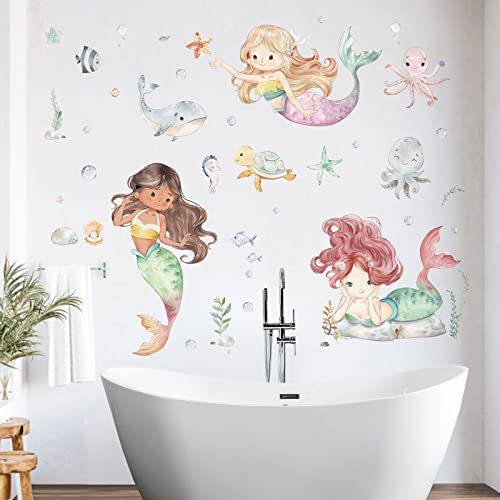 decalmile Under The Sea Mermaid Wall Decals Ocean Fish Whale Turtle Wall Stickers Bathroom Girls Bedroom Baby Nursery Wall Decor