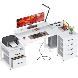 kkl home office desk with file drawer & 3 power outlets &2 usb ports, 55'' l shaped desk with storage shelves, printer cabinet and monitor shelf, computer table executive desk workstation, white